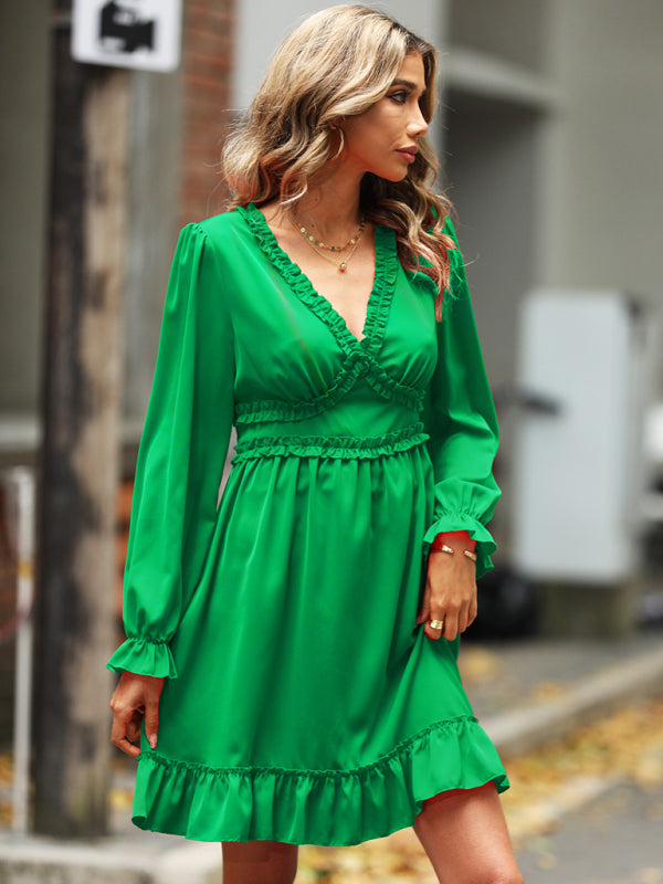 Ruffled Woven V-Neck Long-Sleeve Dress – Structured Fit, High Waist Elegance