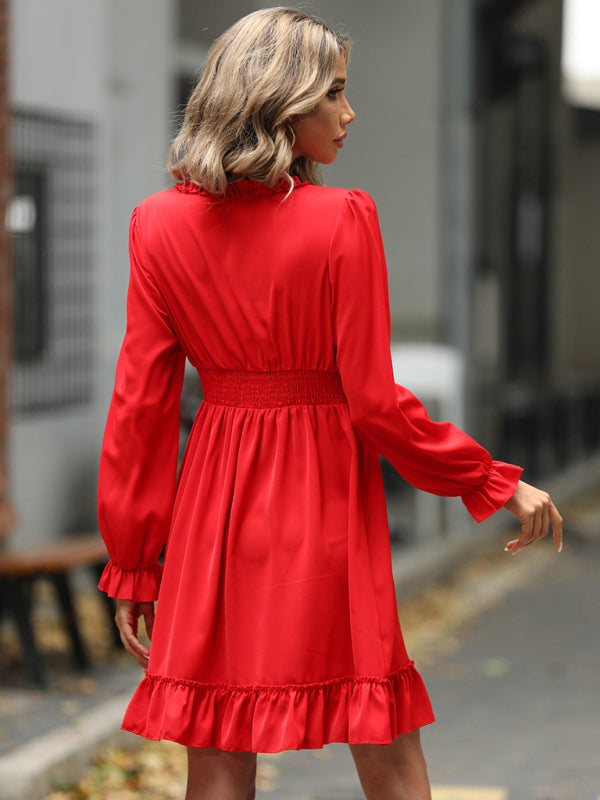 Ruffled Woven V-Neck Long-Sleeve Dress – Structured Fit, High Waist Elegance