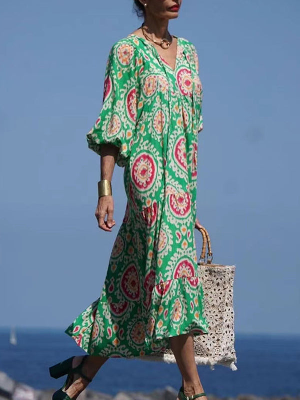 Geometric Puff Sleeve V-Neck Dress – Retro Street Style for Vacations