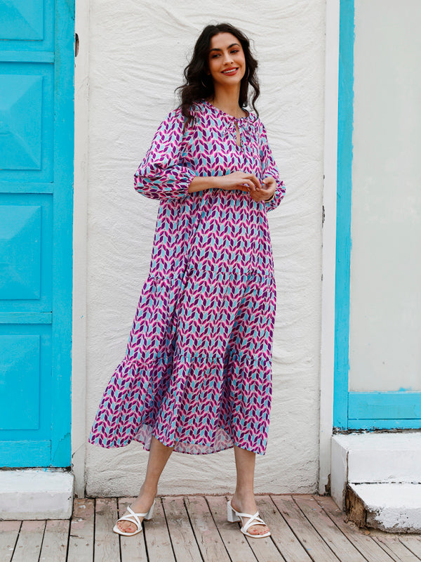 Geometric Puff Sleeve V-Neck Dress – Retro Street Style for Vacations