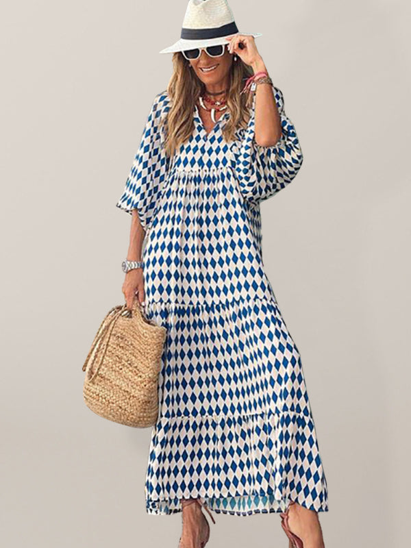 Geometric Puff Sleeve V-Neck Dress – Retro Street Style for Vacations