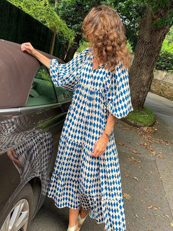 Geometric Puff Sleeve V-Neck Dress – Retro Street Style for Vacations