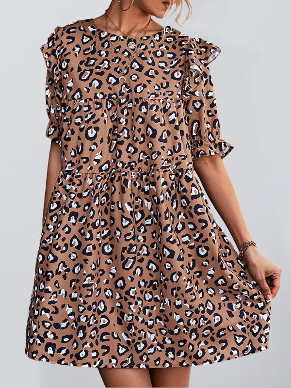Elegant Vintage Leopard Print Dress – Short Sleeve, Woven Polyester, Round Neck