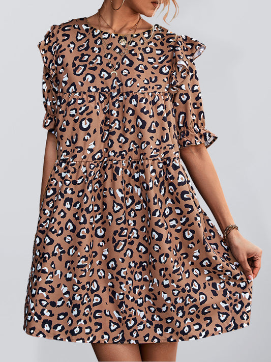 Elegant Vintage Leopard Print Dress – Short Sleeve, Woven Polyester, Round Neck