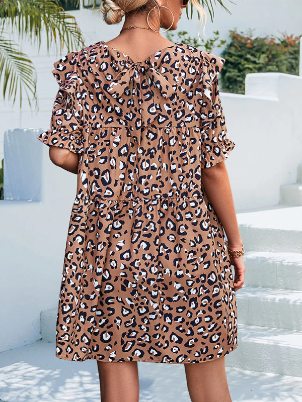 Elegant Vintage Leopard Print Dress – Short Sleeve, Woven Polyester, Round Neck