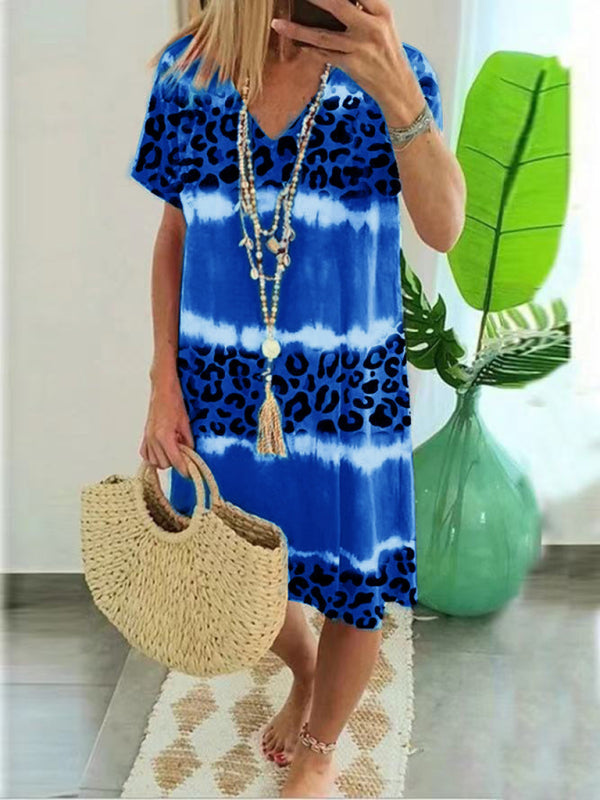Feminine Leopard Print Midi Dress – Short Sleeve, Spring-Summer Casual Fit