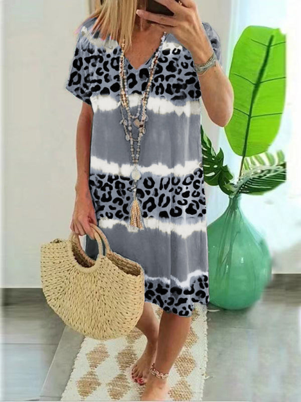 Feminine Leopard Print Midi Dress – Short Sleeve, Spring-Summer Casual Fit