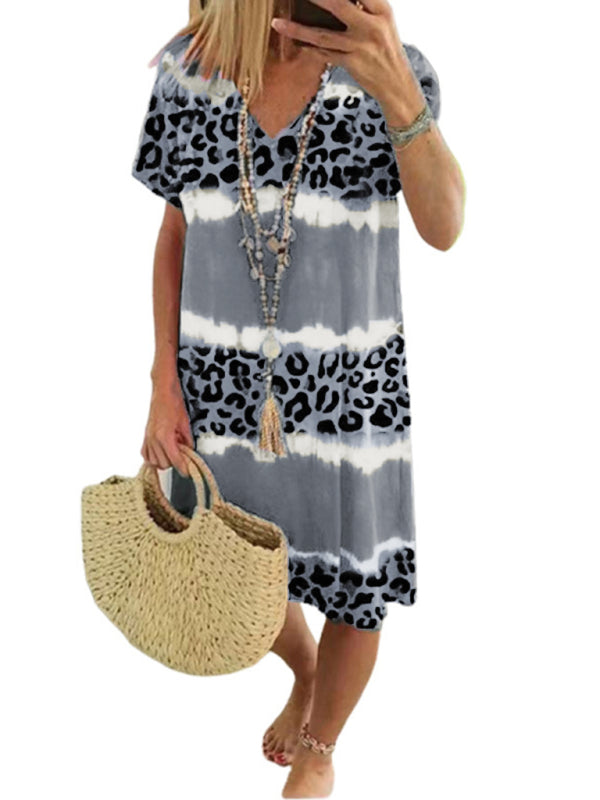 Feminine Leopard Print Midi Dress – Short Sleeve, Spring-Summer Casual Fit