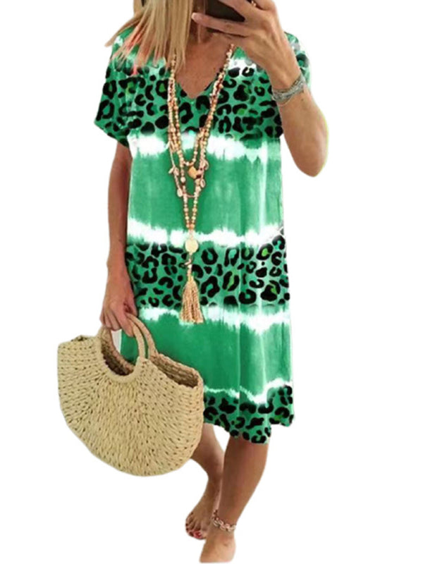 Feminine Leopard Print Midi Dress – Short Sleeve, Spring-Summer Casual Fit