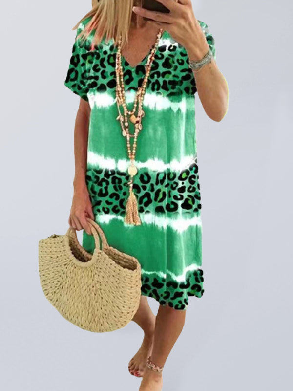 Feminine Leopard Print Midi Dress – Short Sleeve, Spring-Summer Casual Fit
