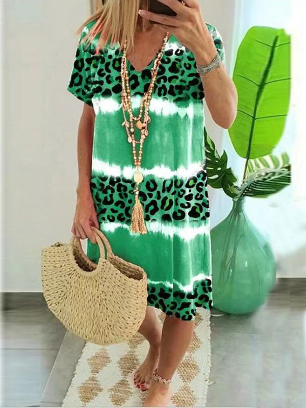 Feminine Leopard Print Midi Dress – Short Sleeve, Spring-Summer Casual Fit