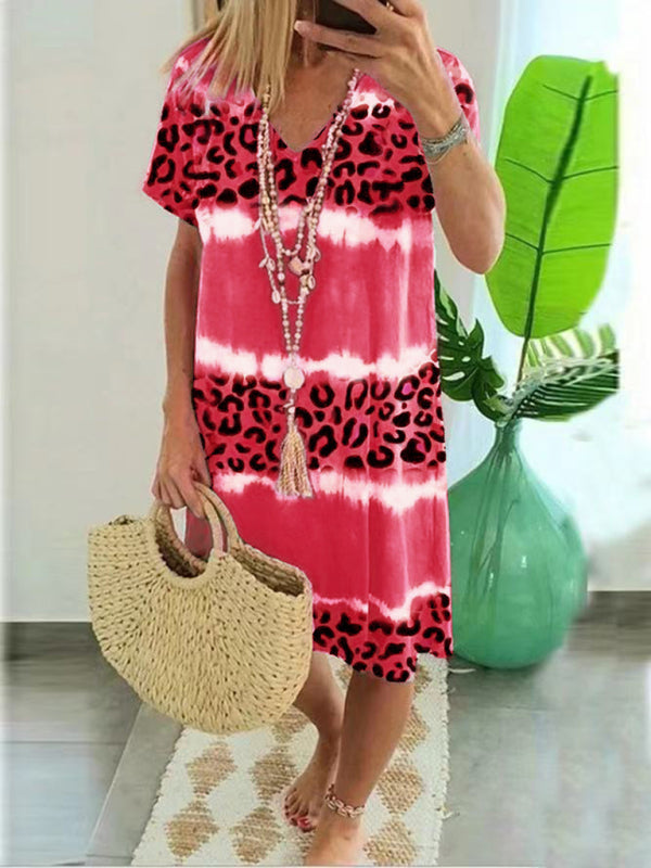 Feminine Leopard Print Midi Dress – Short Sleeve, Spring-Summer Casual Fit