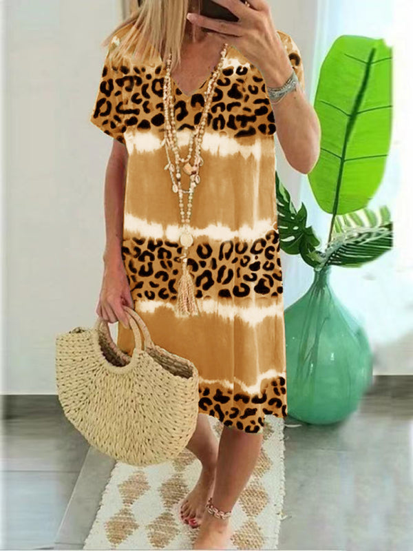 Feminine Leopard Print Midi Dress – Short Sleeve, Spring-Summer Casual Fit