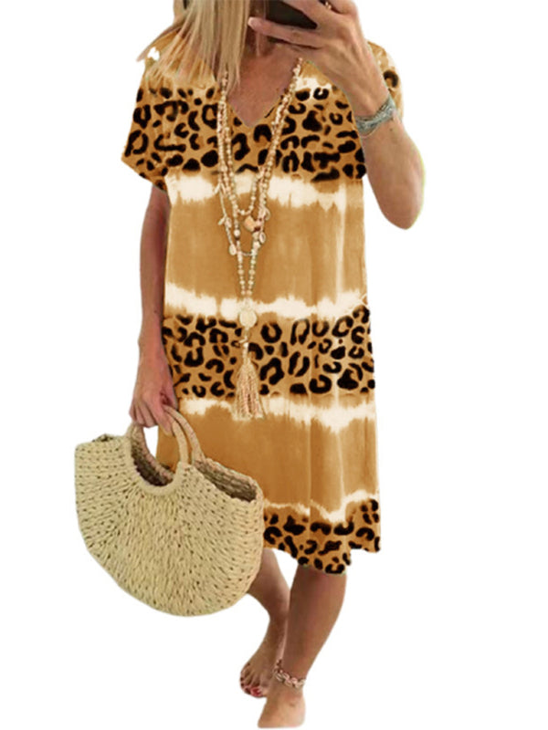 Feminine Leopard Print Midi Dress – Short Sleeve, Spring-Summer Casual Fit