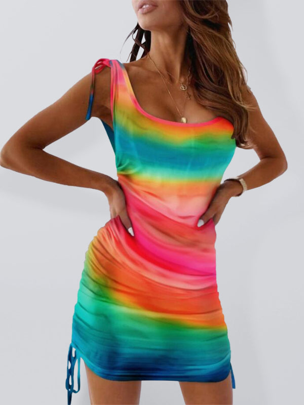 Vintage Tie-Dye Sleeveless Midi Dress – Ruched Square Neck, Holiday Style