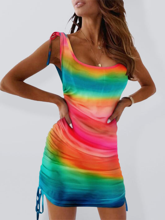 Vintage Tie-Dye Sleeveless Midi Dress – Ruched Square Neck, Holiday Style