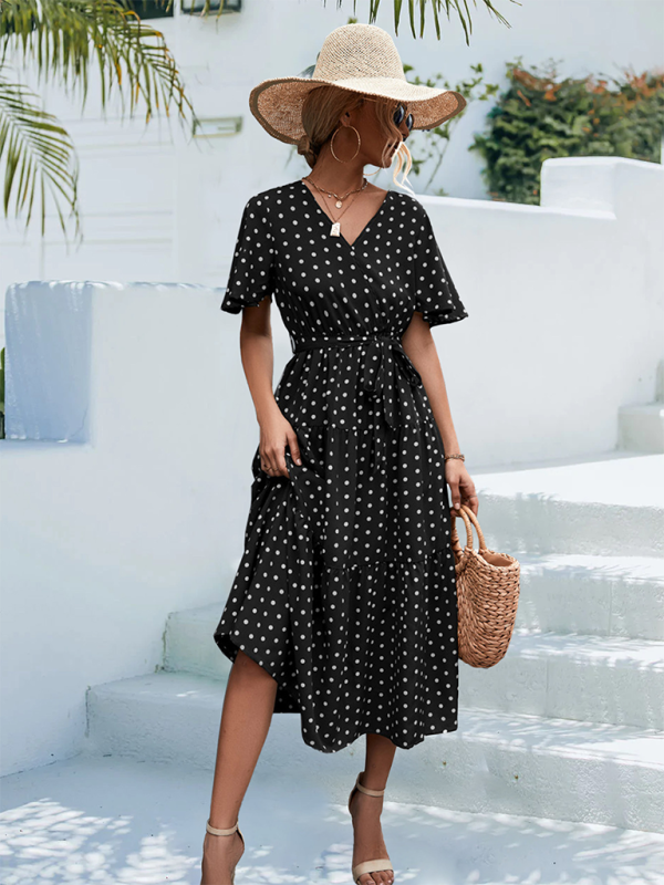 Polka Dot Midi Dress – V-Neck, Flared Sleeves, Lightweight & Wrinkle-Resistant