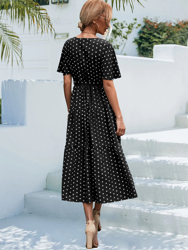 Polka Dot Midi Dress – V-Neck, Flared Sleeves, Lightweight & Wrinkle-Resistant