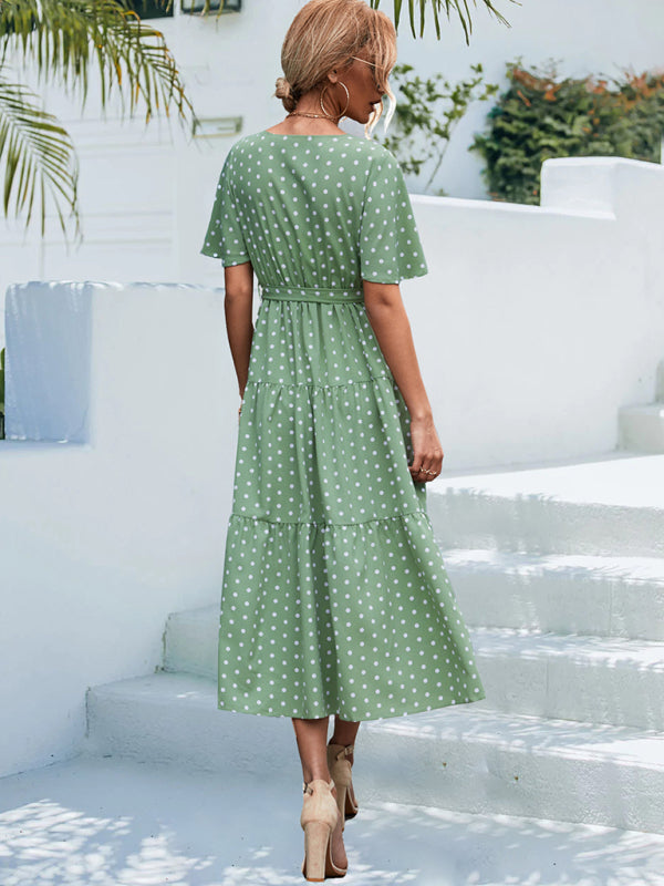 Polka Dot Midi Dress – V-Neck, Flared Sleeves, Lightweight & Wrinkle-Resistant
