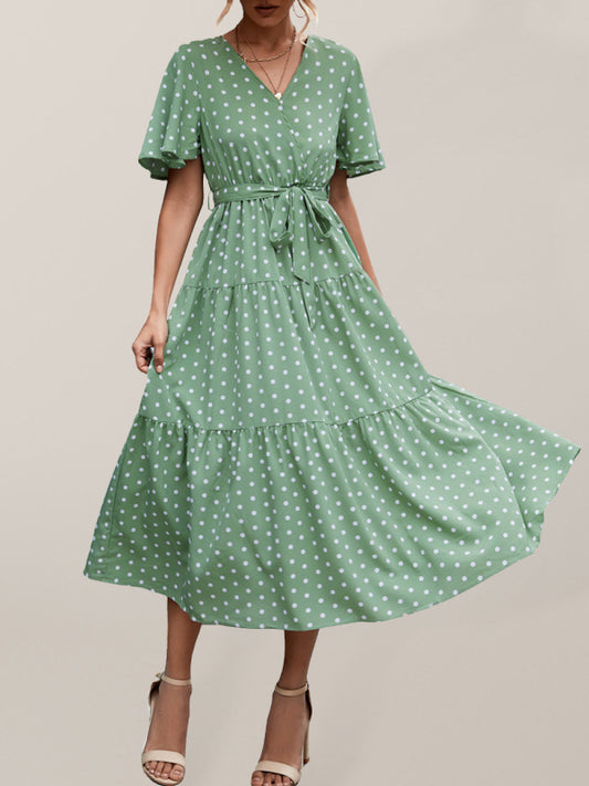 Polka Dot Midi Dress – V-Neck, Flared Sleeves, Lightweight & Wrinkle-Resistant