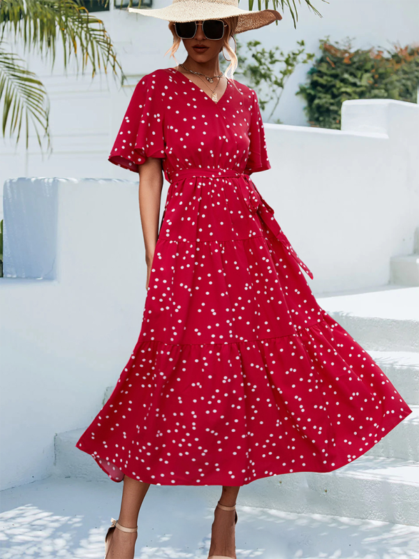 Polka Dot Midi Dress – V-Neck, Flared Sleeves, Lightweight & Wrinkle-Resistant