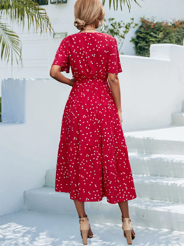 Polka Dot Midi Dress – V-Neck, Flared Sleeves, Lightweight & Wrinkle-Resistant