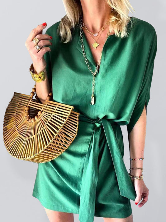 Solid Half Sleeve Tie Waist Midi Dress – V-Neck Casual Dress for Spring & Summer