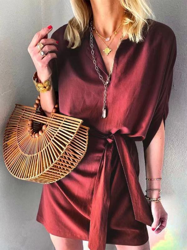 Solid Half Sleeve Tie Waist Midi Dress – V-Neck Casual Dress for Spring & Summer