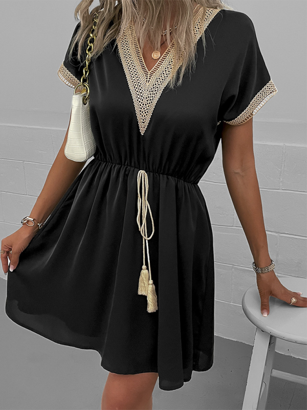 Short Sleeve Lace Panel Casual Dress – V-Neck, High Waist, Lightweight