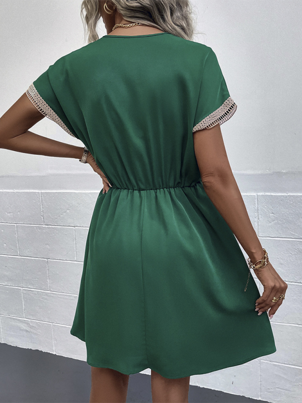 Short Sleeve Lace Panel Casual Dress – V-Neck, High Waist, Lightweight