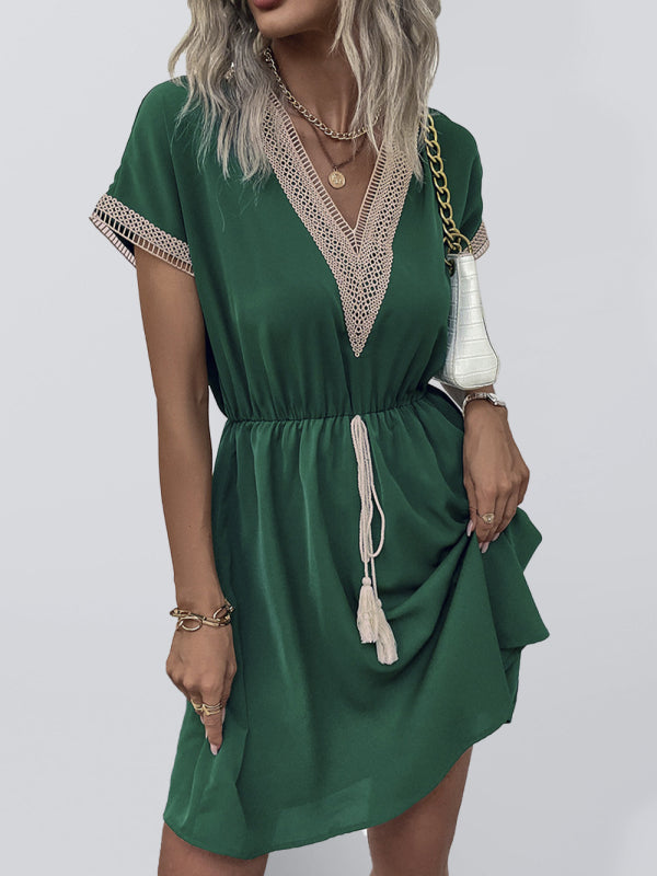 Short Sleeve Lace Panel Casual Dress – V-Neck, High Waist, Lightweight