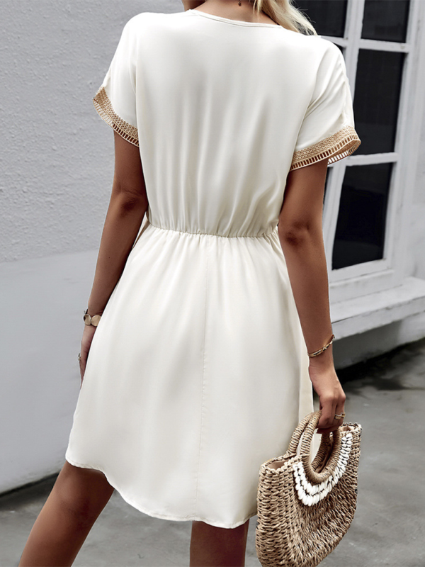 Short Sleeve Lace Panel Casual Dress – V-Neck, High Waist, Lightweight
