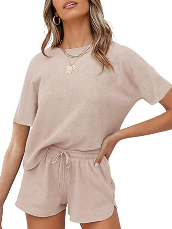 Waffle Knit Cotton Loungewear Set – Short Sleeve Top & Shorts Two-Piece