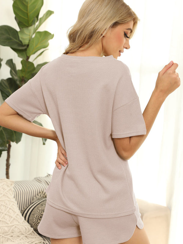 Waffle Knit Cotton Loungewear Set – Short Sleeve Top & Shorts Two-Piece