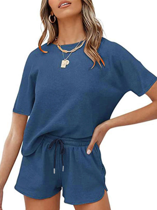 Waffle Knit Cotton Loungewear Set – Short Sleeve Top & Shorts Two-Piece
