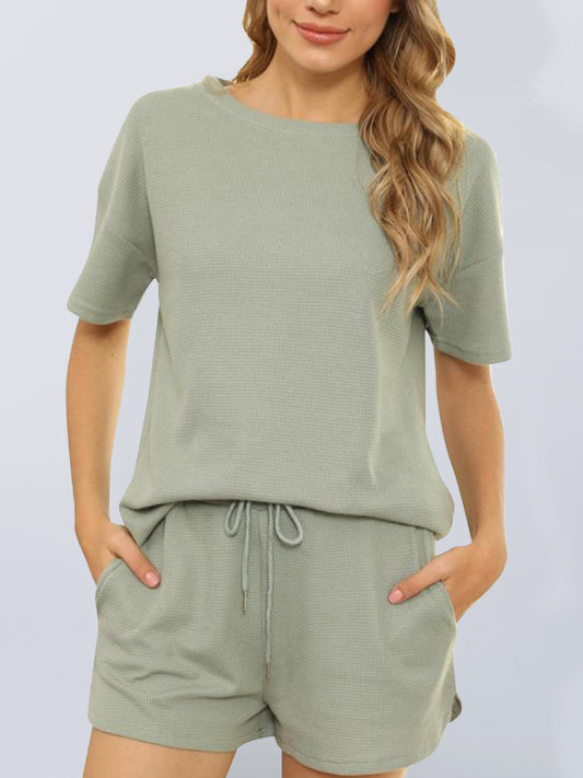 Waffle Knit Cotton Loungewear Set – Short Sleeve Top & Shorts Two-Piece