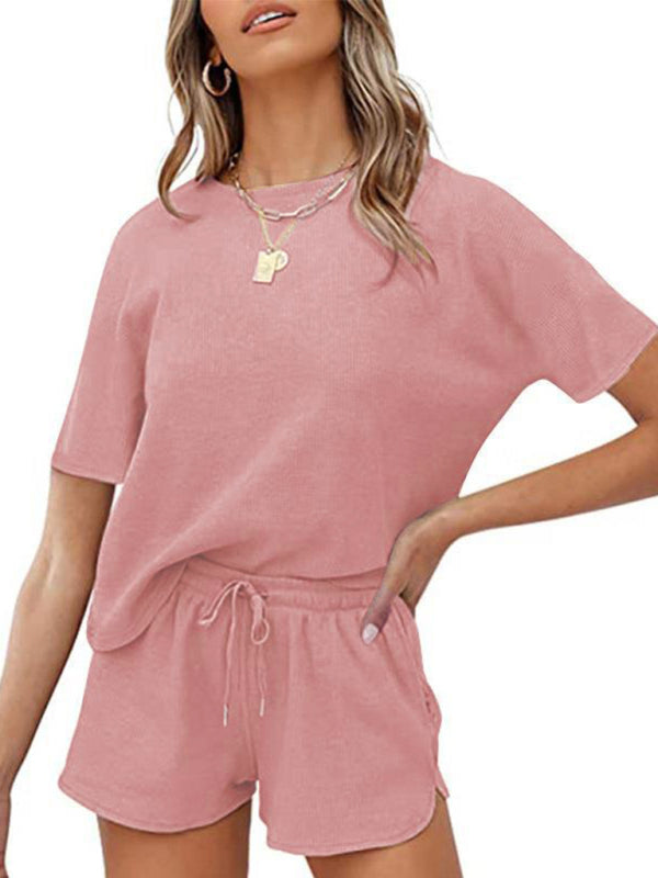 Waffle Knit Cotton Loungewear Set – Short Sleeve Top & Shorts Two-Piece