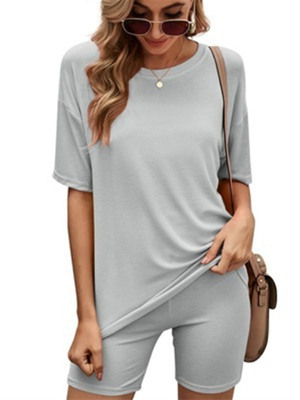 Solid Color Short-Sleeve Lounge Set – Casual Knit Top & Shorts for Women