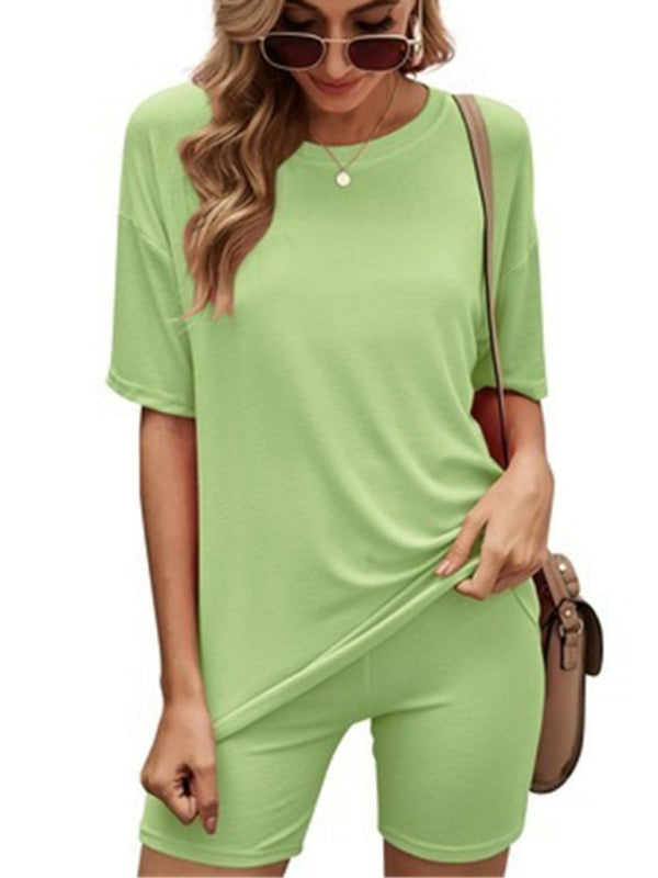 Solid Color Short-Sleeve Lounge Set – Casual Knit Top & Shorts for Women