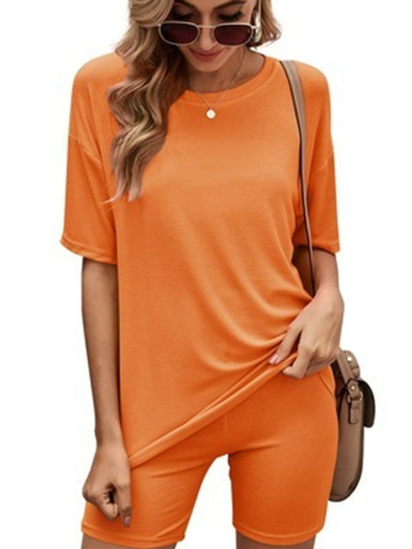 Solid Color Short-Sleeve Lounge Set – Casual Knit Top & Shorts for Women