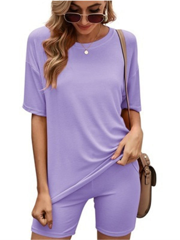 Solid Color Short-Sleeve Lounge Set – Casual Knit Top & Shorts for Women