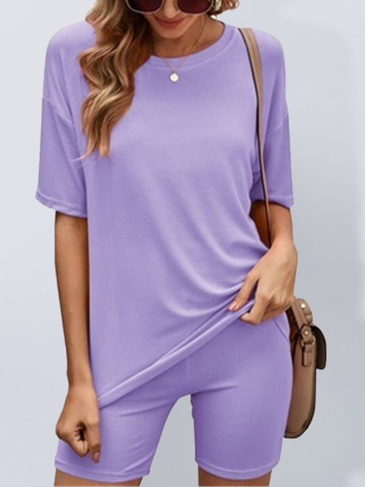 Solid Color Short-Sleeve Lounge Set – Casual Knit Top & Shorts for Women