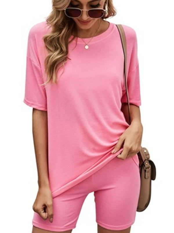 Solid Color Short-Sleeve Lounge Set – Casual Knit Top & Shorts for Women
