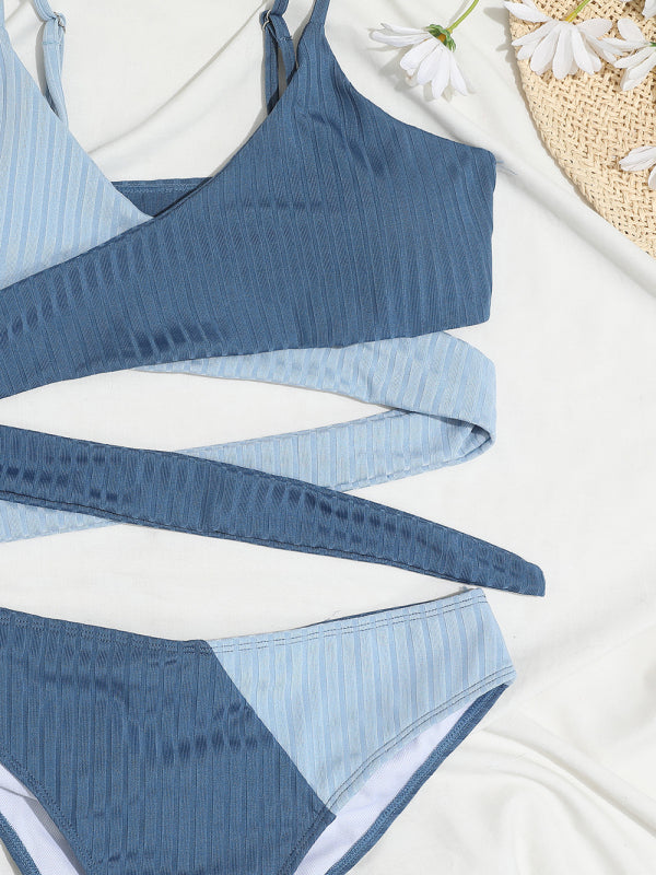 Color Block High-Waisted Bikini Set – Crisscross Back & Ribbed Texture