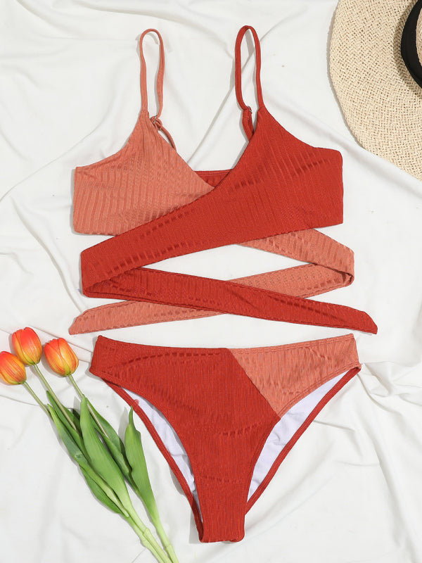 Color Block High-Waisted Bikini Set – Crisscross Back & Ribbed Texture