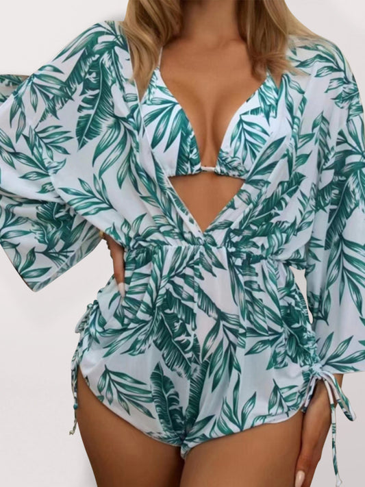 Tropical Floral 3-Piece High-Waist Bikini Set with Tie Top & Cover-Up
