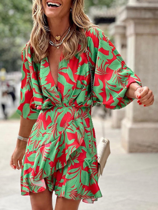 Tropical Deep V Ruffle Dress – Puff Sleeves, Flowy Fit, Elegant Vacation Style