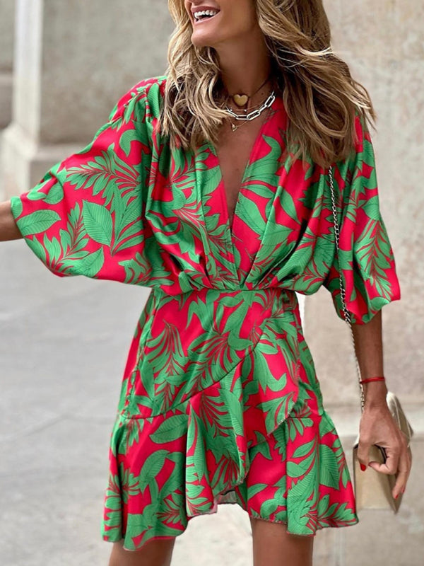 Tropical Deep V Ruffle Dress – Puff Sleeves, Flowy Fit, Elegant Vacation Style
