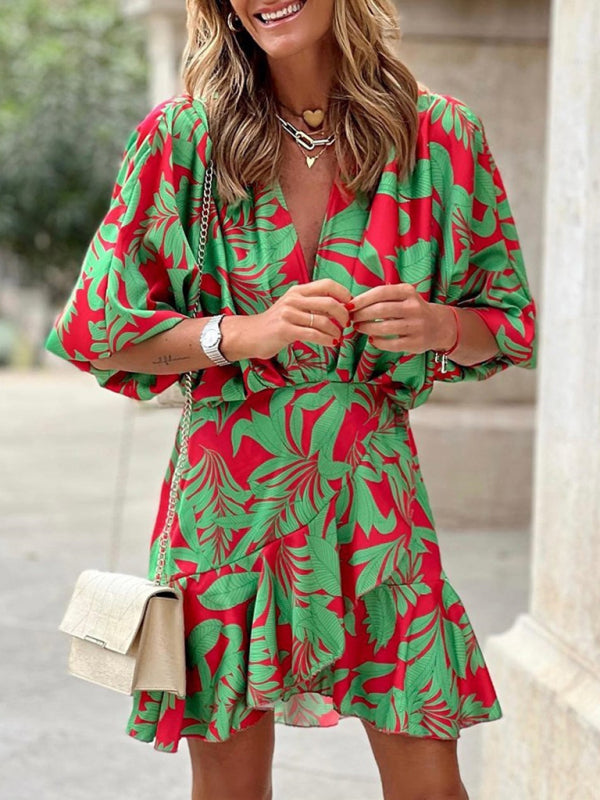 Tropical Deep V Ruffle Dress – Puff Sleeves, Flowy Fit, Elegant Vacation Style