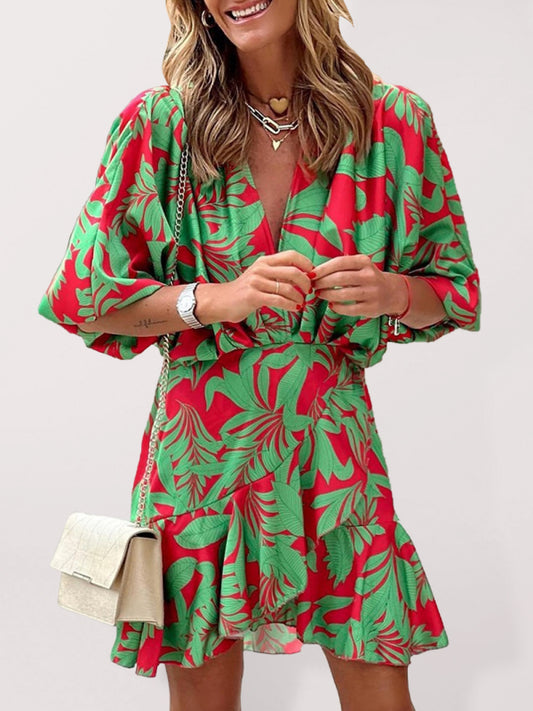 Tropical Deep V Ruffle Dress – Puff Sleeves, Flowy Fit, Elegant Vacation Style